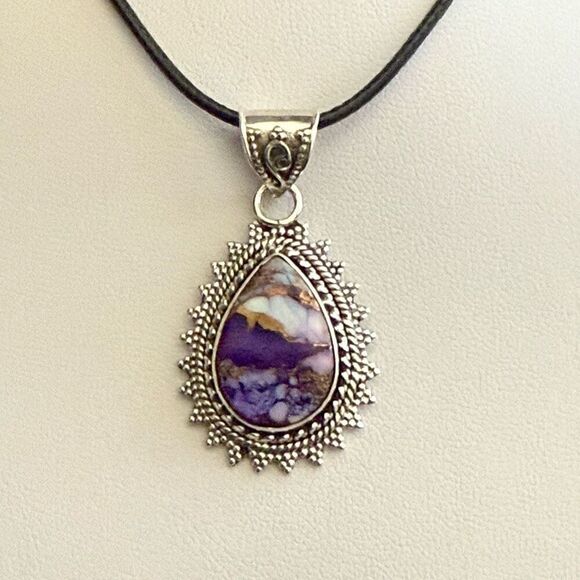 Southwestern Purple Copper Dahlia Turquoise Teardrop Pendant Sterling Silver - Picture 1 of 6